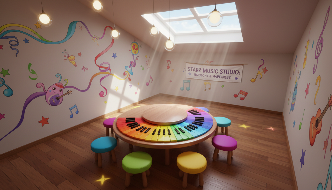 A gleaming, child-sized electric keyboard with rounded, safety-designed edges and keys in a rainbow gradient, positioned atop a smooth, cherry wood table ringed by circular, colorful stools with padded seats. The setting is a whimsical practice studio, featuring animated wall decals of bouncing musical notes and swirling ribbons. Overhead, soft pendant lights and daylight from a frosted skylight combine, infusing the space with a dazzling, energetic brightness. Photographed from a high, slightly diagonal angle, this image embodies STARZ’s lively, creative approach to music, highlighting inclusivity and joy in learning.