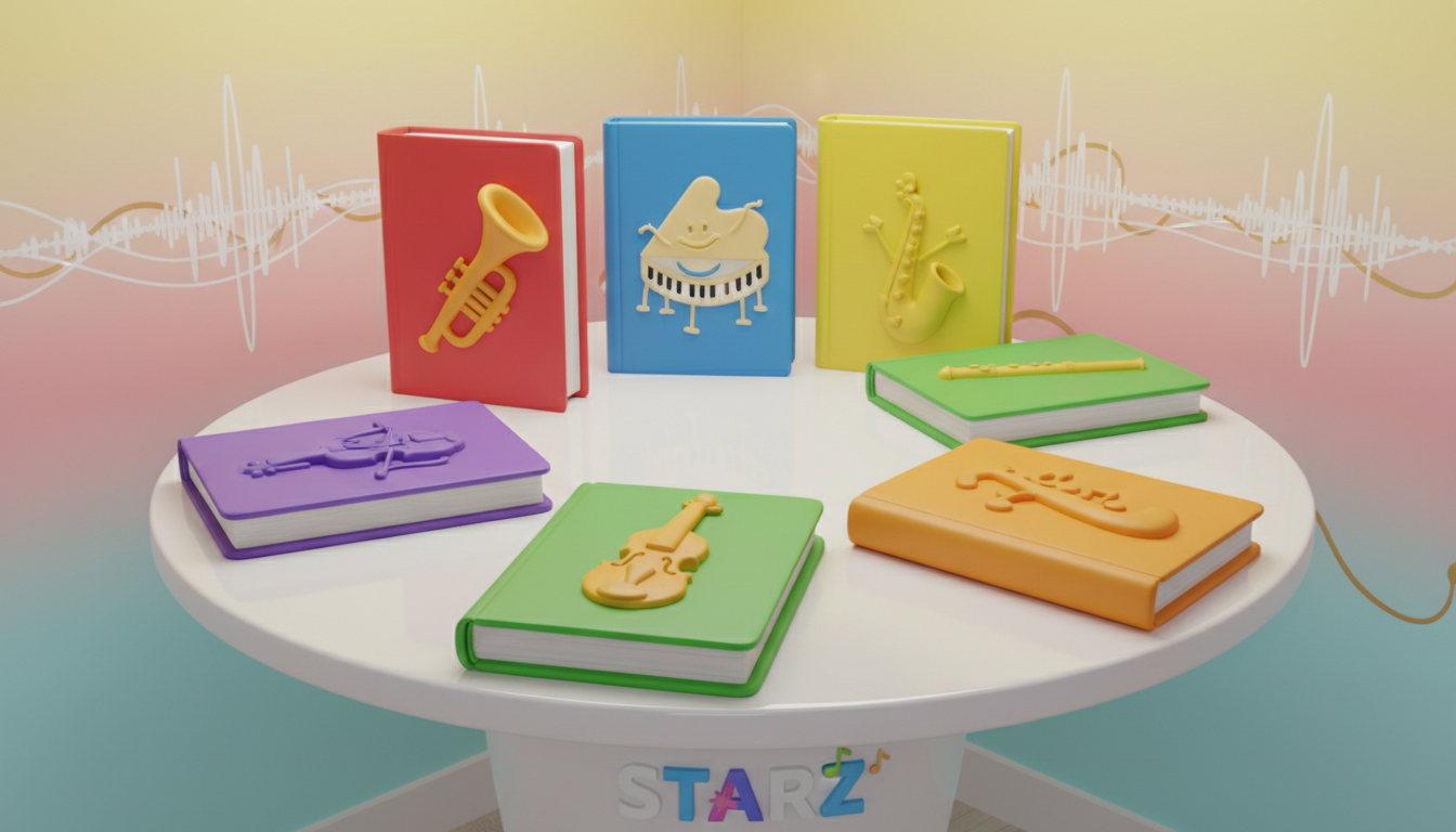 A playful arrangement of vibrantly colored sheet music books with curved, rounded edges and embossed covers featuring cartoon-style musical instruments, fanned out atop a polished, circular white desk. The scene is set in a learning nook with walls painted in gentle gradients of yellow, pink, and aqua, adorned with whimsical, oversized sound wave motifs. Soft, ambient studio lighting floods the space, highlighting textures and bringing out bright, saturated colors. Captured at an eye-level angle with sharp focus, this photographic image exudes a sense of approachable fun and energetic creativity, perfectly reflecting STARZ’s playful, developmental focus on music education.