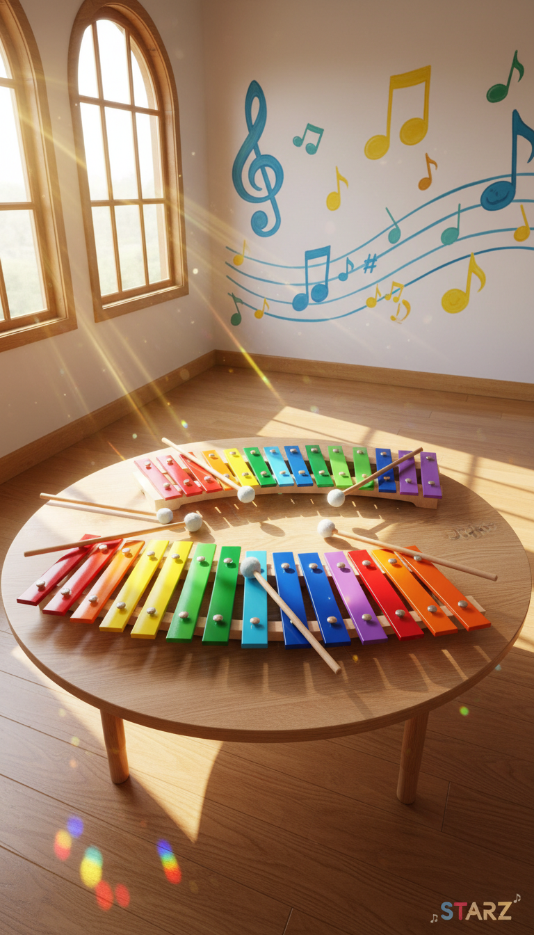 A vibrant array of glossy, colorful xylophone bars curving playfully across a round oak table, with several polished mallets scattered in dynamic formation. The table sits in a brightly lit, child-friendly music room featuring whimsical hand-painted wall murals of musical notes and swirling staff lines. Sunbeams filter through large arched windows, casting energetic, multicolored reflections onto the floor and creating lively highlights on the instrument. The scene feels joyful and motivating, capturing the spirit of discovery and learning. Shot at a slightly elevated, wide angle for an immersive, photographic realism that emphasizes STARZ’s playful yet fundamental approach to music education.