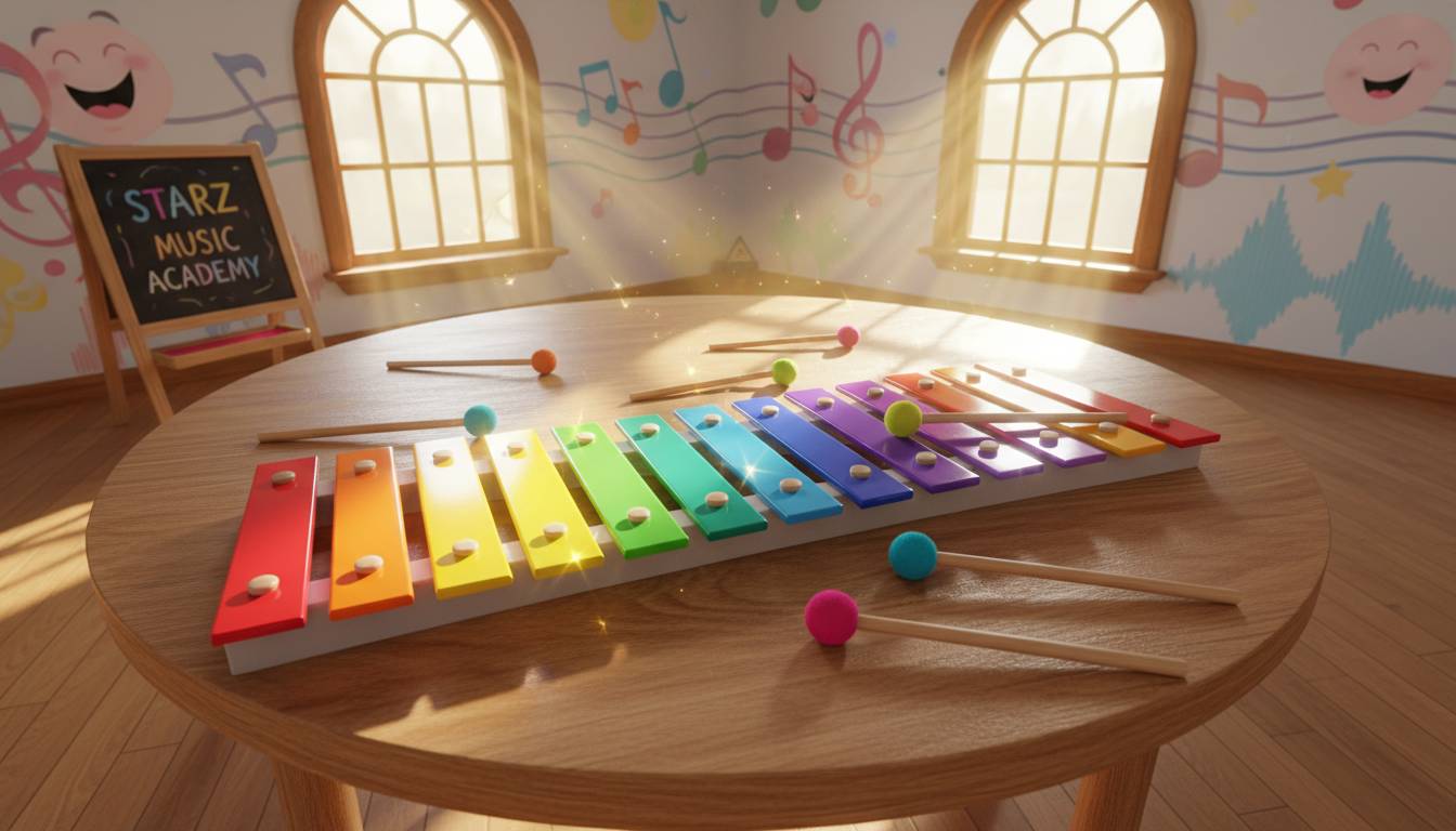 A vibrant array of glossy, colorful xylophone bars curving playfully across a round oak table, with several polished mallets scattered in dynamic formation. The table sits in a brightly lit, child-friendly music room featuring whimsical hand-painted wall murals of musical notes and swirling staff lines. Sunbeams filter through large arched windows, casting energetic, multicolored reflections onto the floor and creating lively highlights on the instrument. The scene feels joyful and motivating, capturing the spirit of discovery and learning. Shot at a slightly elevated, wide angle for an immersive, photographic realism that emphasizes STARZ’s playful yet fundamental approach to music education.