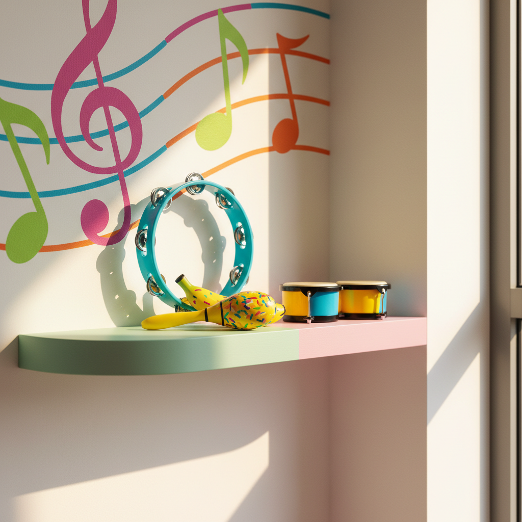 A collection of bright, glossy plastic percussion instruments including tambourines, maracas, and miniature bongos, displayed in a cheerful, rounded alcove shelf with soft pastel-colored walls. The shelf stands against a background of oversized, vibrant-colored staff lines and clefs, painted in swirling patterns. Natural afternoon light spills across the instruments, generating warm highlights and gentle whimsical shadows throughout. The camera uses an eye-level perspective with sharp focus, giving the image a lively, playful mood while maintaining clean photographic realism and STARZ’s energetic layout ideal for inviting all ages to explore music.