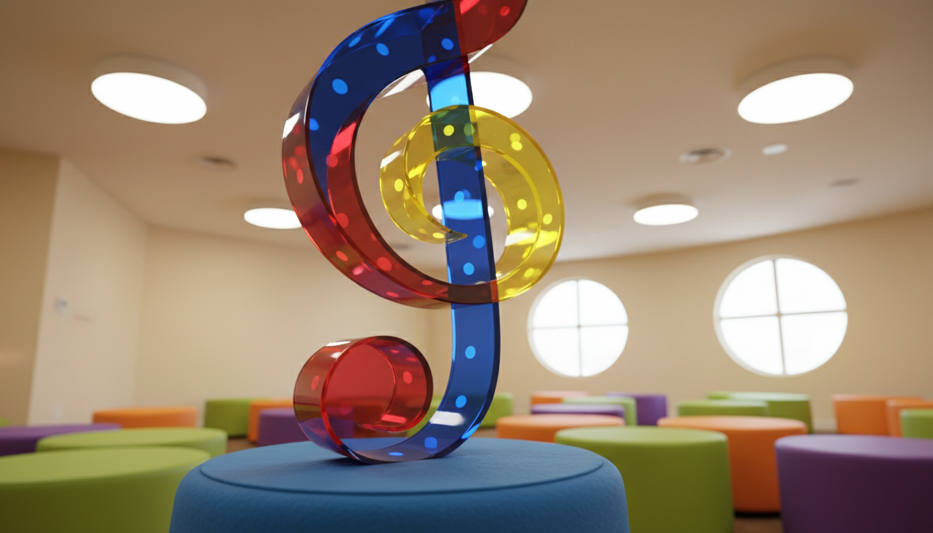 A close-up of a whimsical, oversized treble clef sculpture made from sleek, polished acrylic in vibrant primary colors, its surface reflecting dots of light. The sculpture rises from a soft blue felt pedestal in a contemporary music room dotted with rounded, stackable ottomans in bold hues. Soft diffused light from ceiling lamps and daylight from circular windows blend to create a bright, playful, and inviting effect with subtle highlights on the sculpture's curves. Captured from a low-angle perspective, this photographic composition accentuates the fun and creative atmosphere central to the STARZ philosophy.